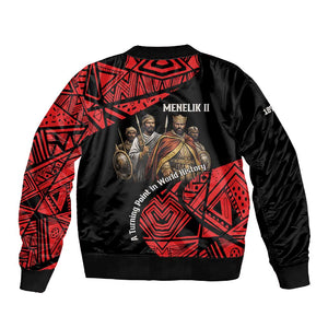 Menelik II Sleeve Zip Bomber Jacket with Adwa Victory Map, Africa Defeated an Empire Text and Red Geometric - African Pride