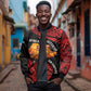 Menelik II Sleeve Zip Bomber Jacket with Adwa Victory Map, Africa Defeated an Empire Text and Red Geometric - African Pride