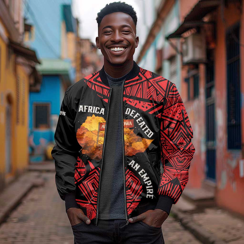 Menelik II Sleeve Zip Bomber Jacket with Adwa Victory Map, Africa Defeated an Empire Text and Red Geometric - African Pride