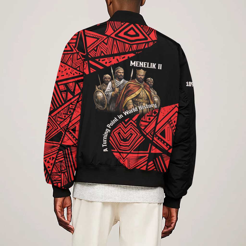 Menelik II Sleeve Zip Bomber Jacket with Adwa Victory Map, Africa Defeated an Empire Text and Red Geometric - African Pride