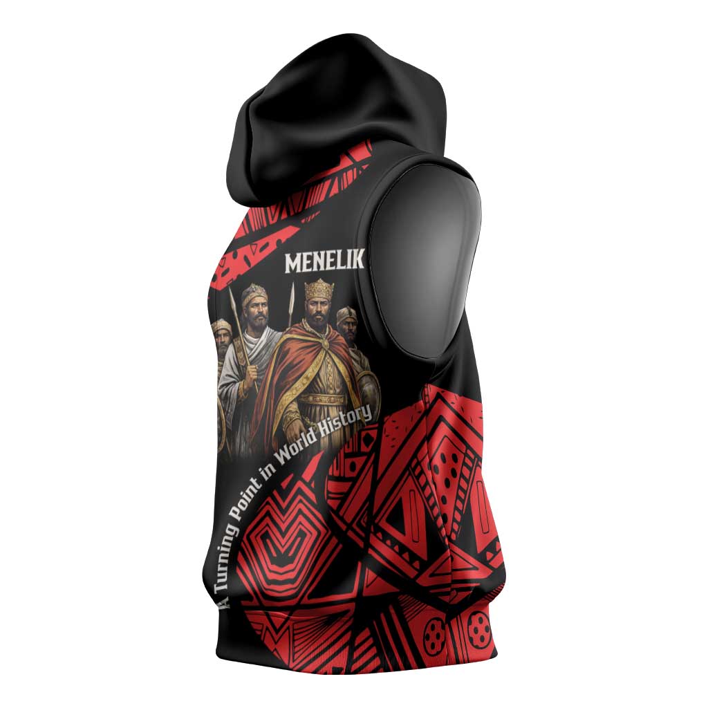 Menelik II Sleeveless Hoodie with Adwa Victory Map, Africa Defeated an Empire Text and Red Geometric - African Pride