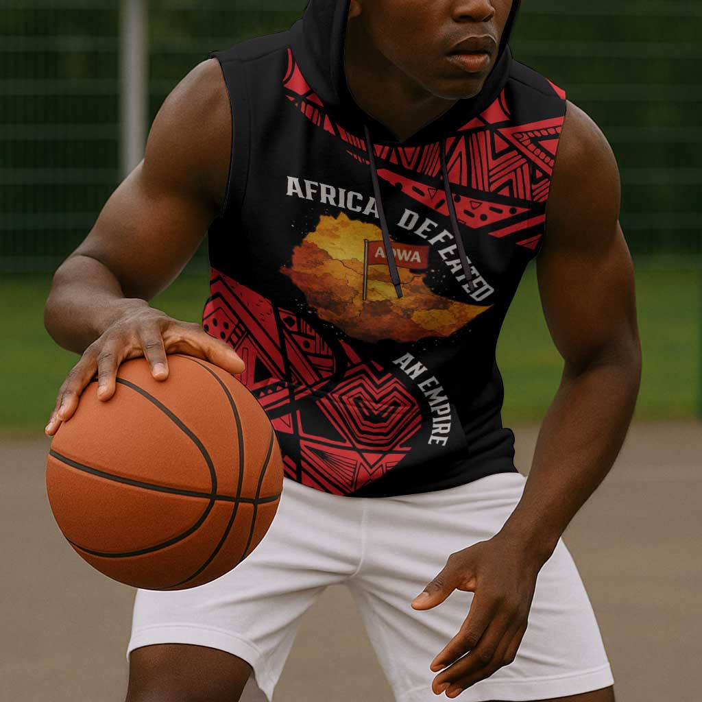 Menelik II Sleeveless Hoodie with Adwa Victory Map, Africa Defeated an Empire Text and Red Geometric - African Pride
