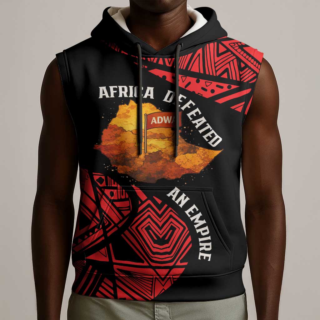 Menelik II Sleeveless Hoodie with Adwa Victory Map, Africa Defeated an Empire Text and Red Geometric - African Pride