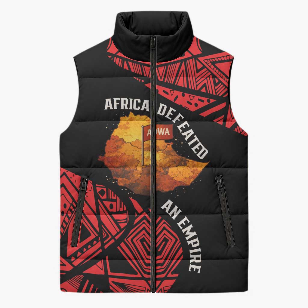 Menelik II Sleeveless Puffer Jacket with Adwa Victory Map, Africa Defeated an Empire Text and Red Geometric - African Pride