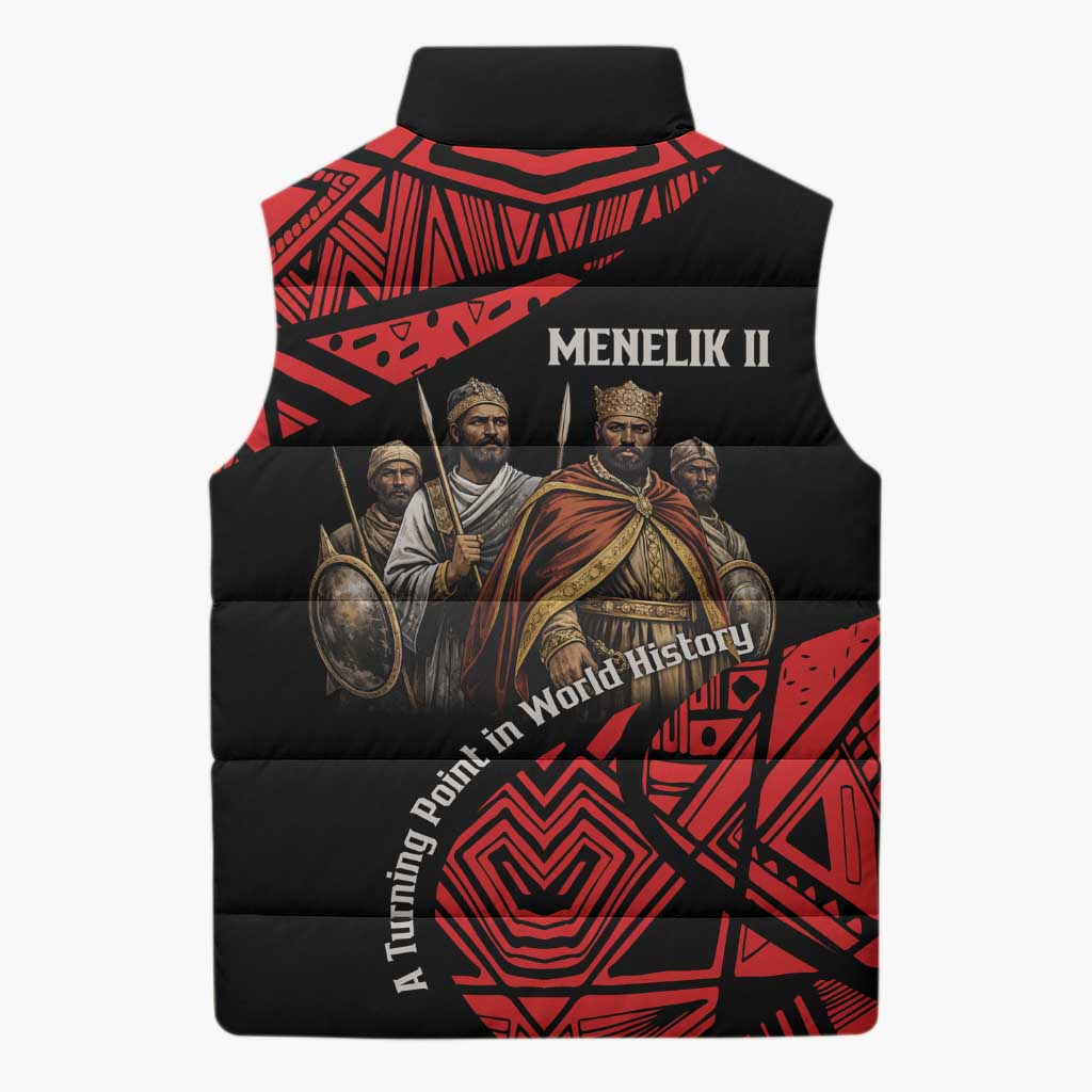 Menelik II Sleeveless Puffer Jacket with Adwa Victory Map, Africa Defeated an Empire Text and Red Geometric - African Pride