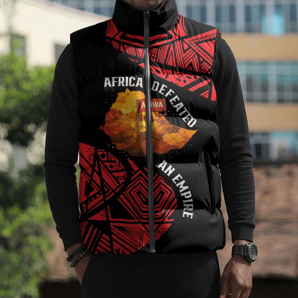 Menelik II Sleeveless Puffer Jacket with Adwa Victory Map, Africa Defeated an Empire Text and Red Geometric - African Pride