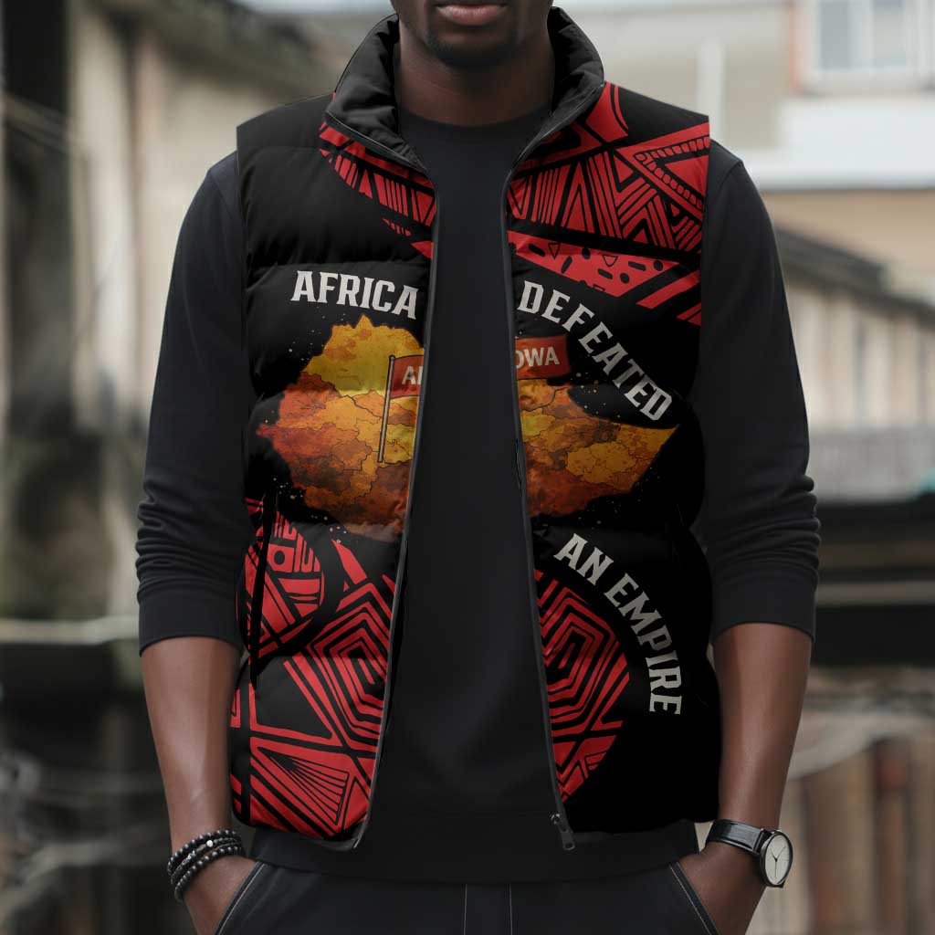 Menelik II Sleeveless Puffer Jacket with Adwa Victory Map, Africa Defeated an Empire Text and Red Geometric - African Pride