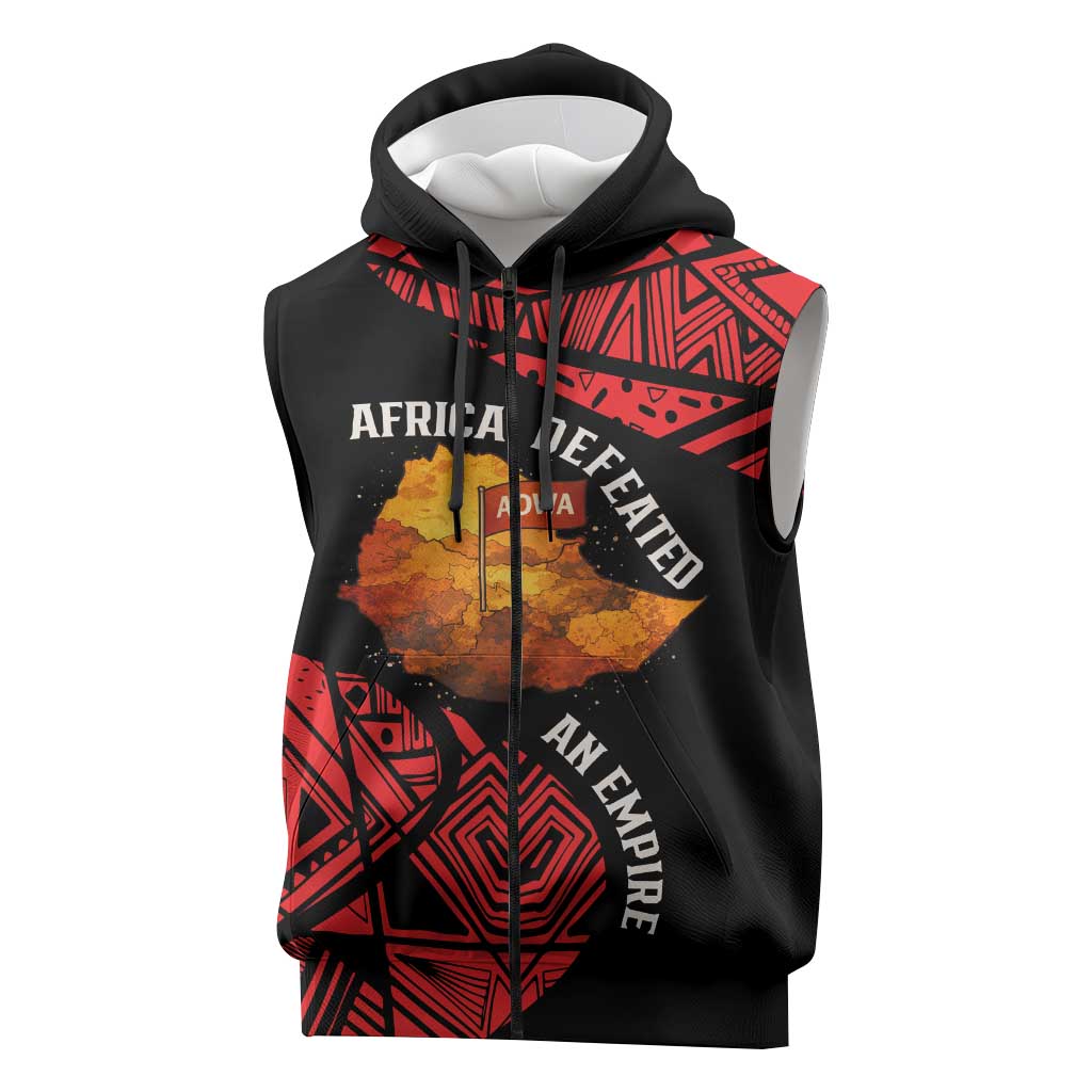Menelik II Sleeveless Zip Hoodie with Adwa Victory Map, Africa Defeated an Empire Text and Red Geometric - African Pride