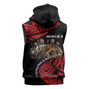Menelik II Sleeveless Zip Hoodie with Adwa Victory Map, Africa Defeated an Empire Text and Red Geometric - African Pride