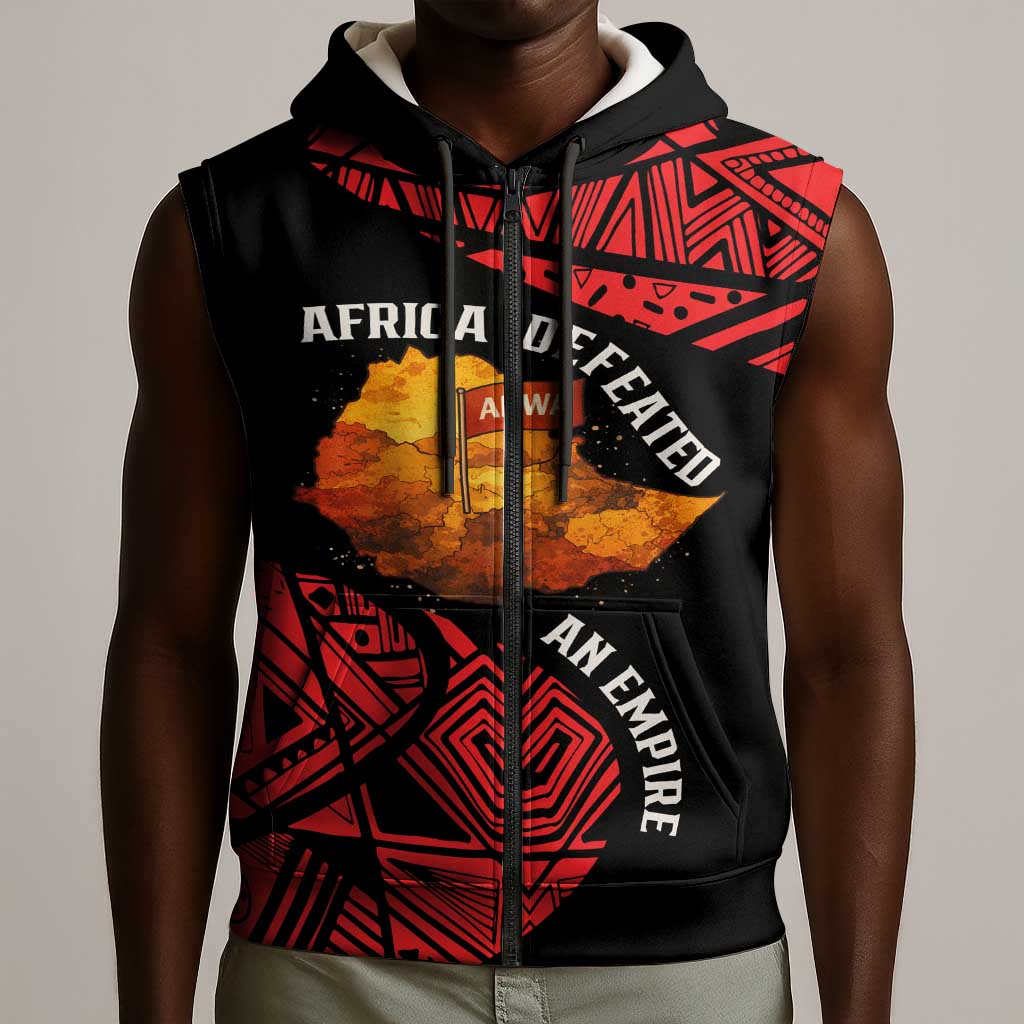 Menelik II Sleeveless Zip Hoodie with Adwa Victory Map, Africa Defeated an Empire Text and Red Geometric - African Pride