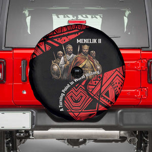 Menelik II Spare Tire Cover with Adwa Victory Map, Africa Defeated an Empire Text and Red Geometric - African Pride