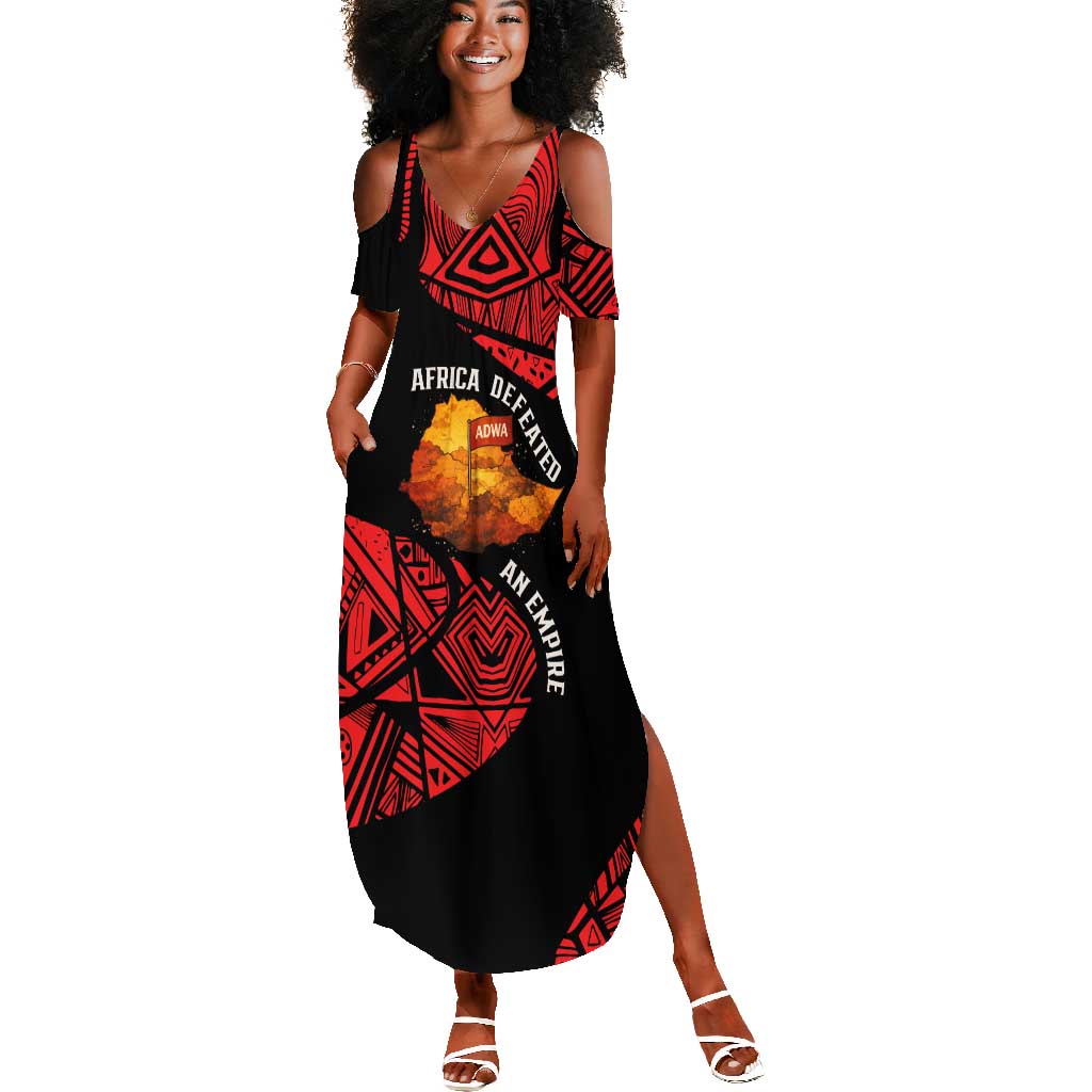 Menelik II Summer Maxi Dress with Adwa Victory Map, Africa Defeated an Empire Text and Red Geometric - African Pride