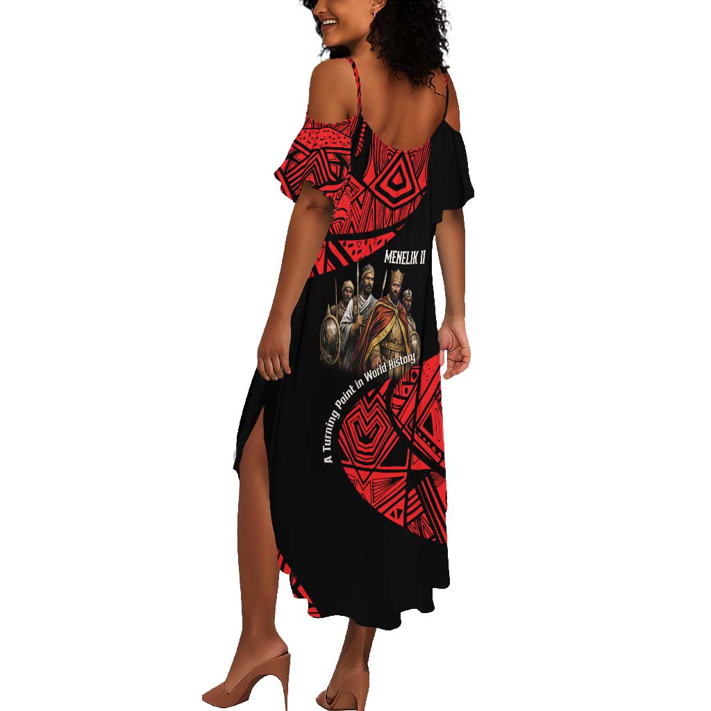 Menelik II Summer Maxi Dress with Adwa Victory Map, Africa Defeated an Empire Text and Red Geometric - African Pride