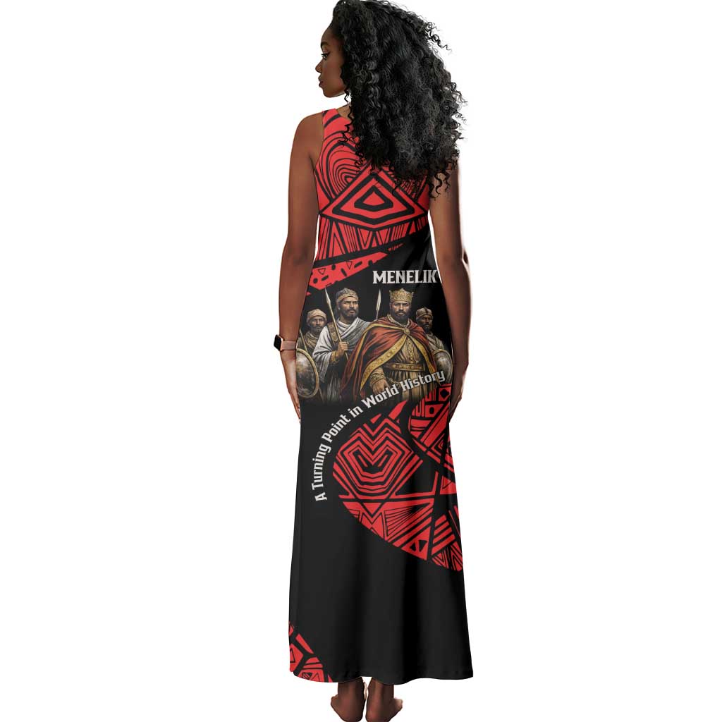 Menelik II Tank Maxi Dress with Adwa Victory Map, Africa Defeated an Empire Text and Red Geometric - African Pride