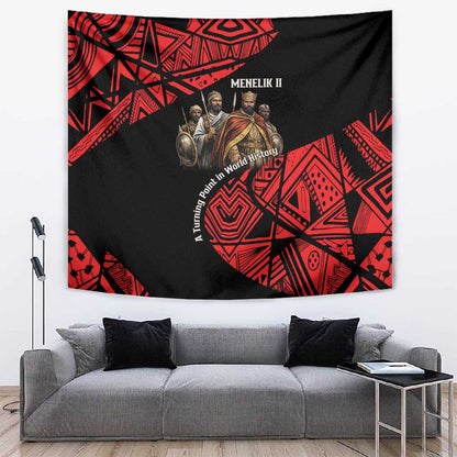 Menelik II Tapestry with Adwa Victory Map, Africa Defeated an Empire Text and Red Geometric - African Pride