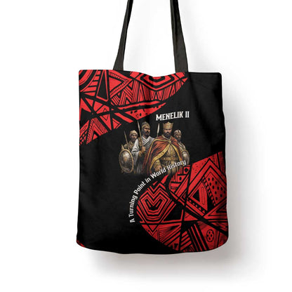 Menelik II Tote Bag with Adwa Victory Map, Africa Defeated an Empire Text and Red Geometric - African Pride