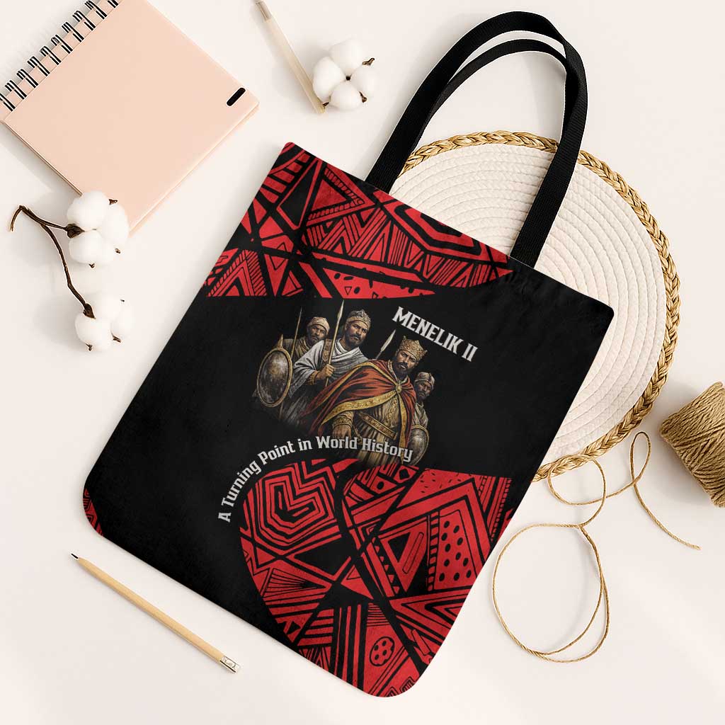 Menelik II Tote Bag with Adwa Victory Map, Africa Defeated an Empire Text and Red Geometric - African Pride