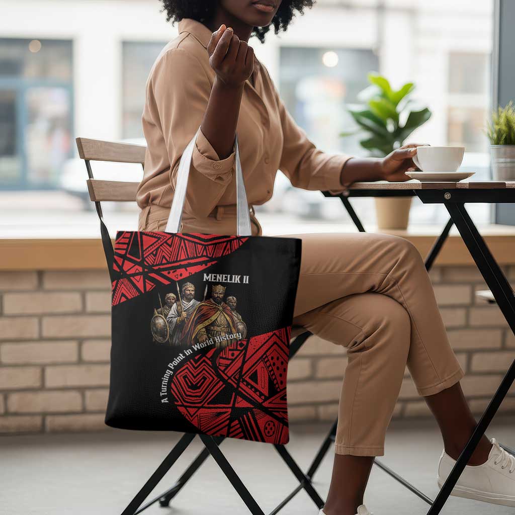 Menelik II Tote Bag with Adwa Victory Map, Africa Defeated an Empire Text and Red Geometric - African Pride