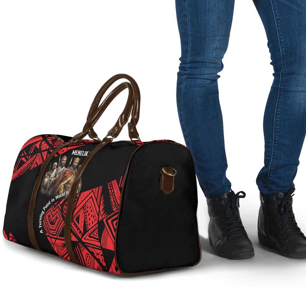Menelik II Travel Bag with Adwa Victory Map, Africa Defeated an Empire Text and Red Geometric - African Pride