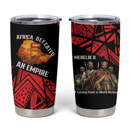 Menelik II Tumbler Cup with Adwa Victory Map, Africa Defeated an Empire Text and Red Geometric - African Pride