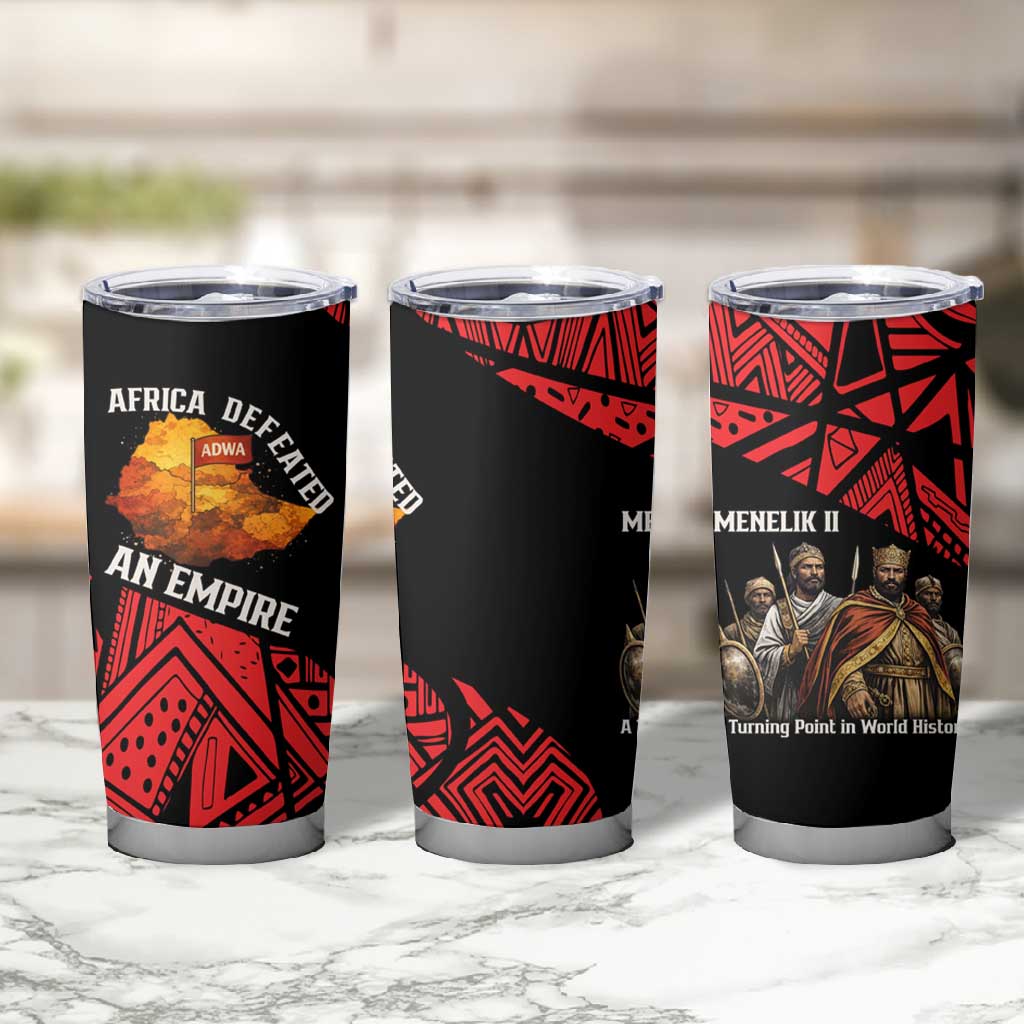 Menelik II Tumbler Cup with Adwa Victory Map, Africa Defeated an Empire Text and Red Geometric - African Pride