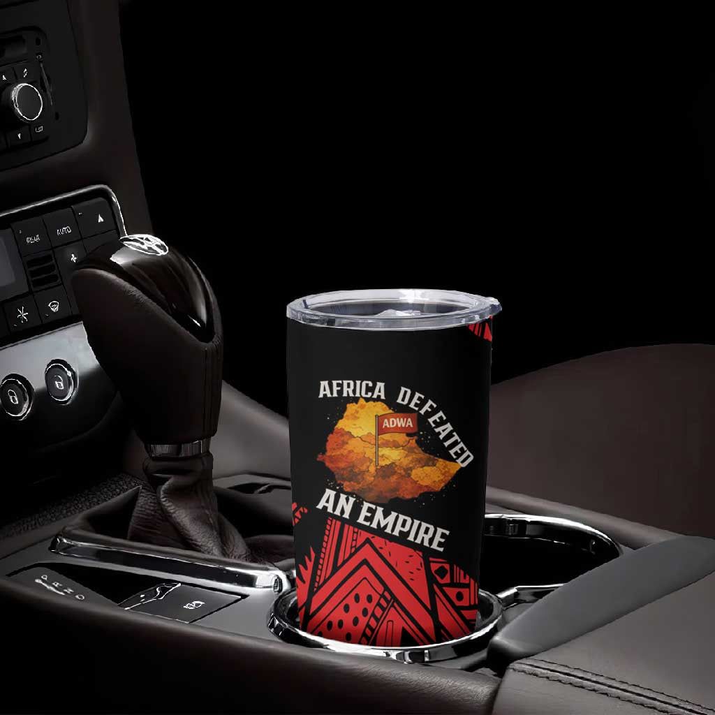 Menelik II Tumbler Cup with Adwa Victory Map, Africa Defeated an Empire Text and Red Geometric - African Pride