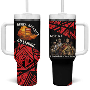 Menelik II Tumbler With Handle with Adwa Victory Map, Africa Defeated an Empire Text and Red Geometric - African Pride