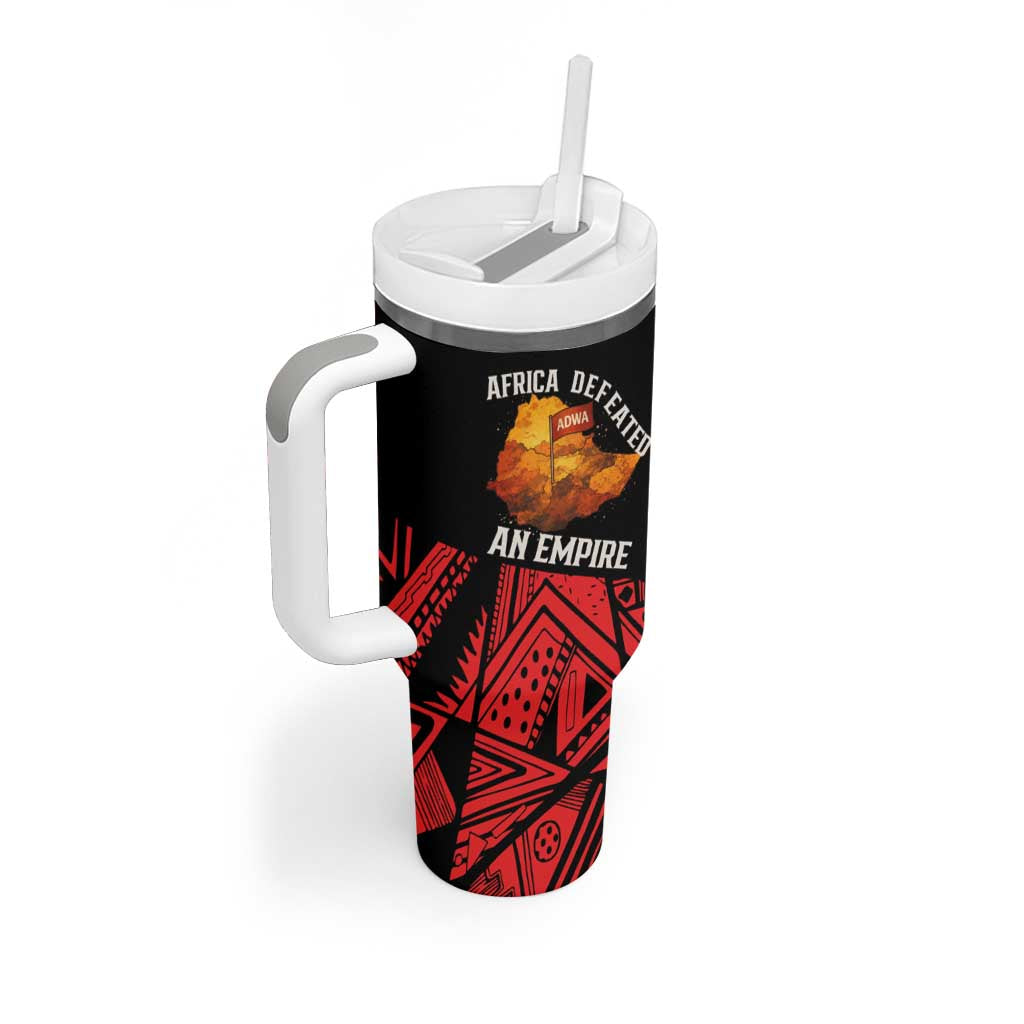 Menelik II Tumbler With Handle with Adwa Victory Map, Africa Defeated an Empire Text and Red Geometric - African Pride