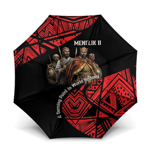 Menelik II Umbrella with Adwa Victory Map, Africa Defeated an Empire Text and Red Geometric - African Pride