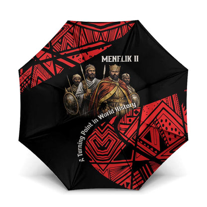 Menelik II Umbrella with Adwa Victory Map, Africa Defeated an Empire Text and Red Geometric - African Pride