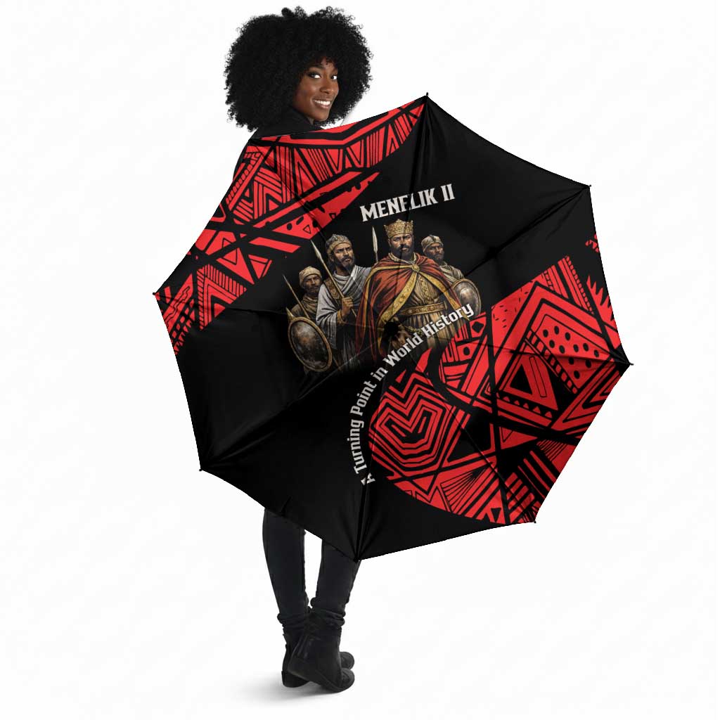 Menelik II Umbrella with Adwa Victory Map, Africa Defeated an Empire Text and Red Geometric - African Pride