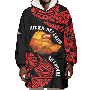 Menelik II Wearable Blanket Hoodie with Adwa Victory Map, Africa Defeated an Empire Text and Red Geometric - African Pride