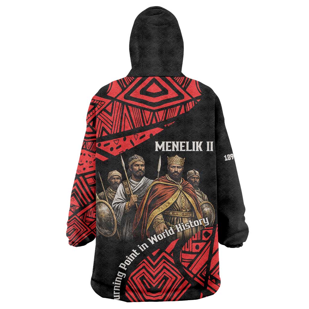 Menelik II Wearable Blanket Hoodie with Adwa Victory Map, Africa Defeated an Empire Text and Red Geometric - African Pride