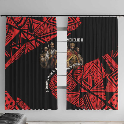 Menelik II Window Curtain with Adwa Victory Map, Africa Defeated an Empire Text and Red Geometric - African Pride