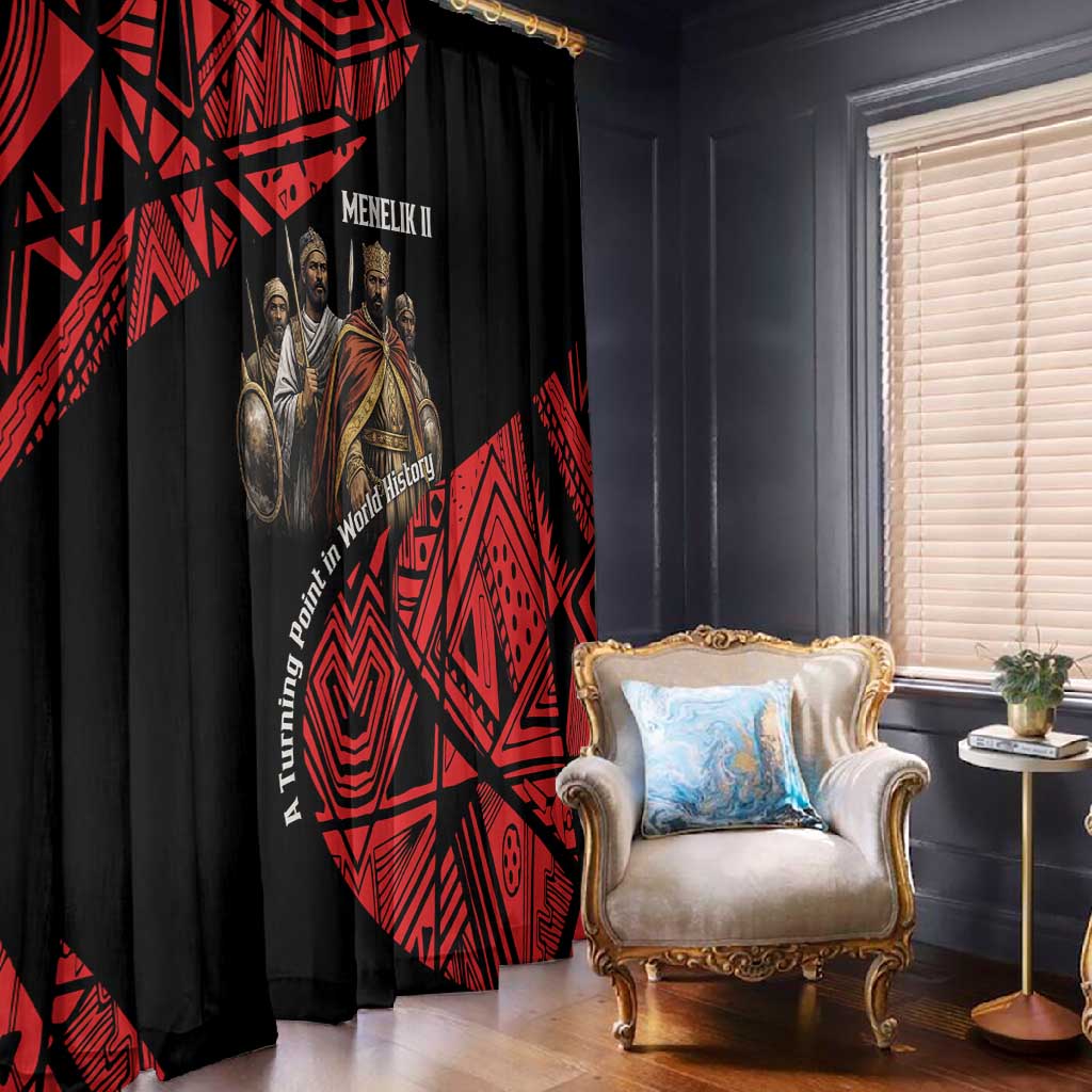Menelik II Window Curtain with Adwa Victory Map, Africa Defeated an Empire Text and Red Geometric - African Pride