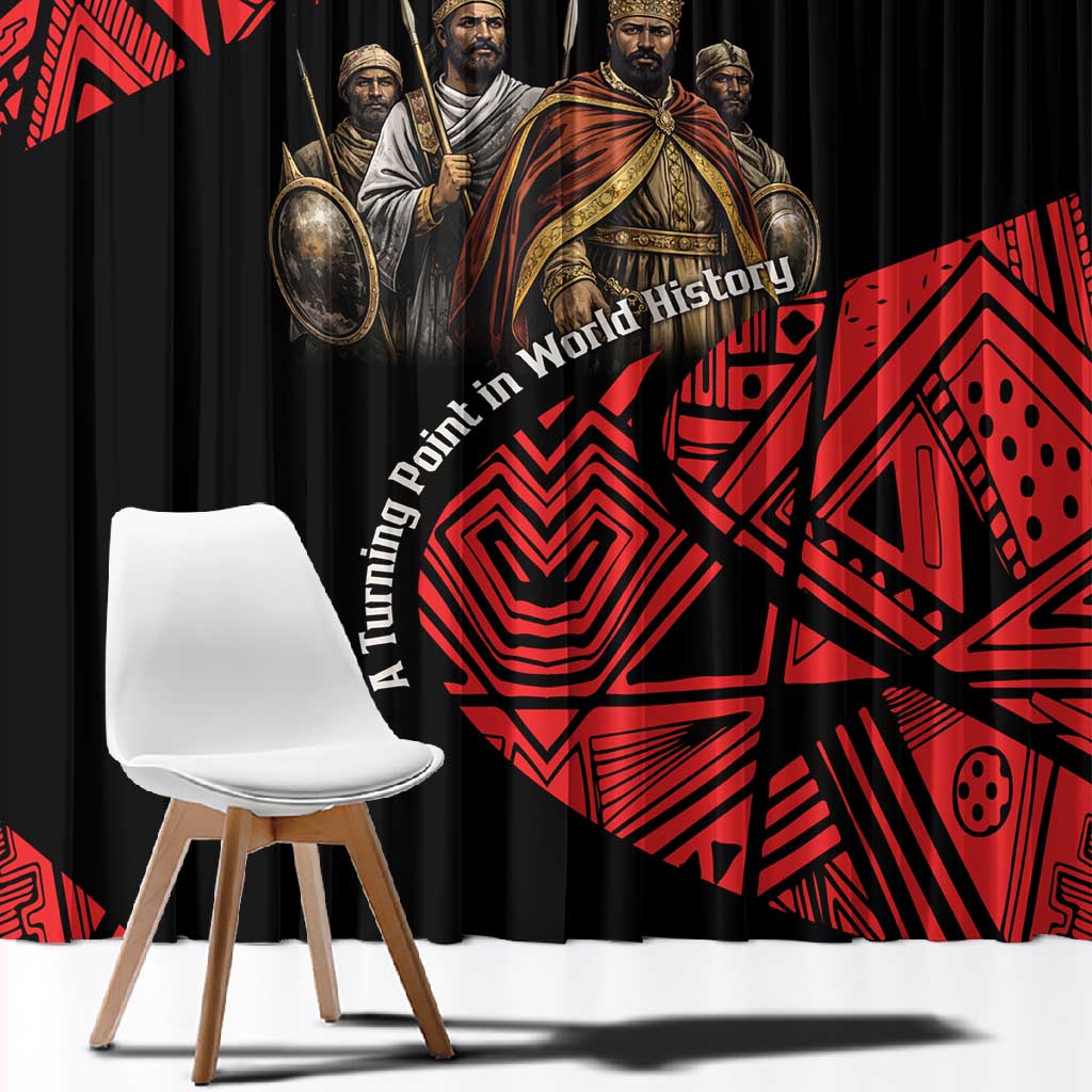 Menelik II Window Curtain with Adwa Victory Map, Africa Defeated an Empire Text and Red Geometric - African Pride
