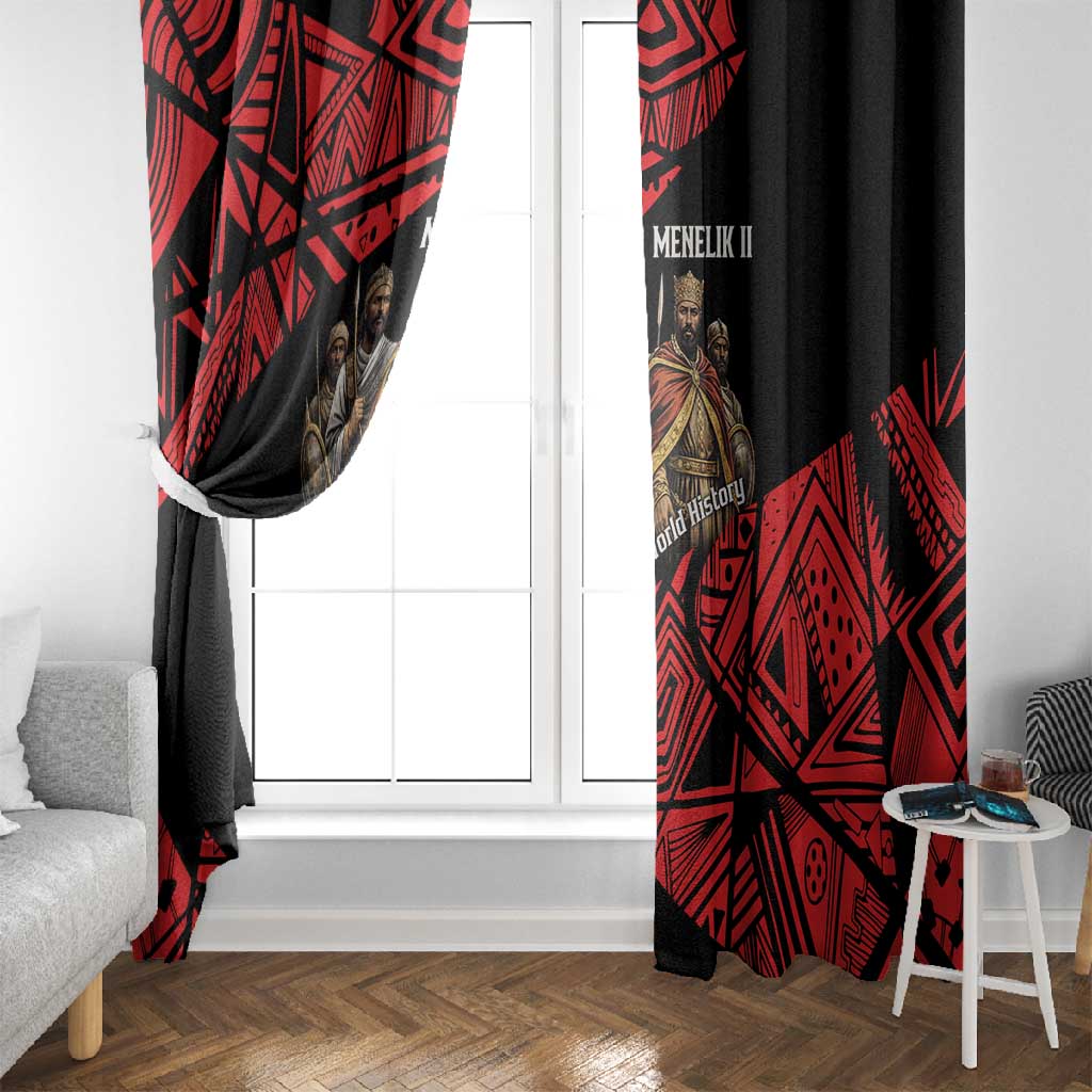 Menelik II Window Curtain with Adwa Victory Map, Africa Defeated an Empire Text and Red Geometric - African Pride