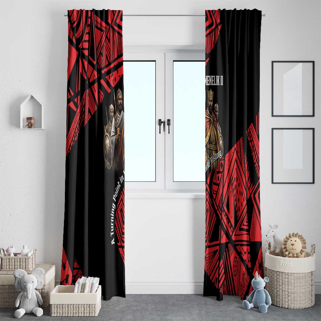 Menelik II Window Curtain with Adwa Victory Map, Africa Defeated an Empire Text and Red Geometric - African Pride