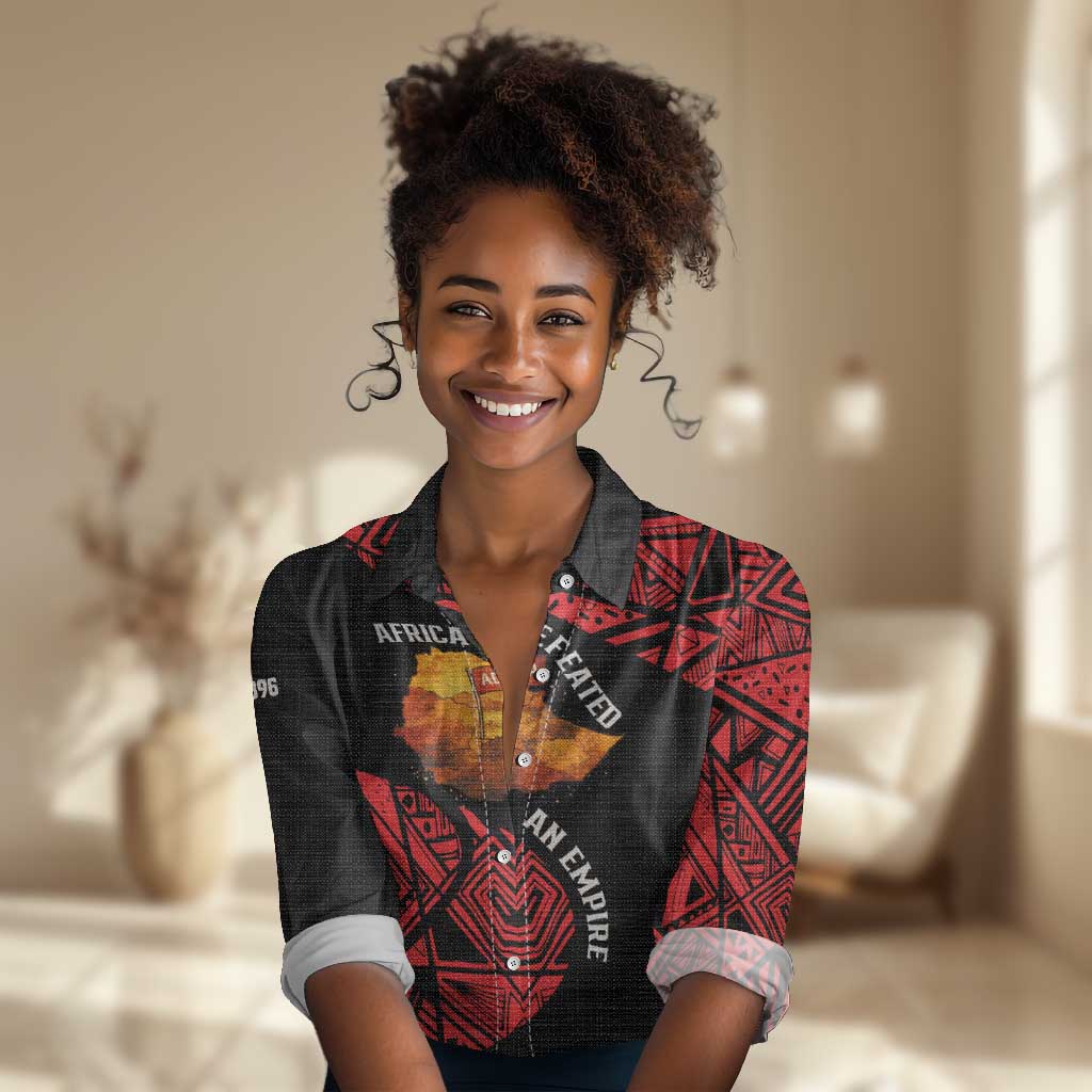 Menelik II Women Casual Shirt with Adwa Victory Map, Africa Defeated an Empire Text and Red Geometric - African Pride