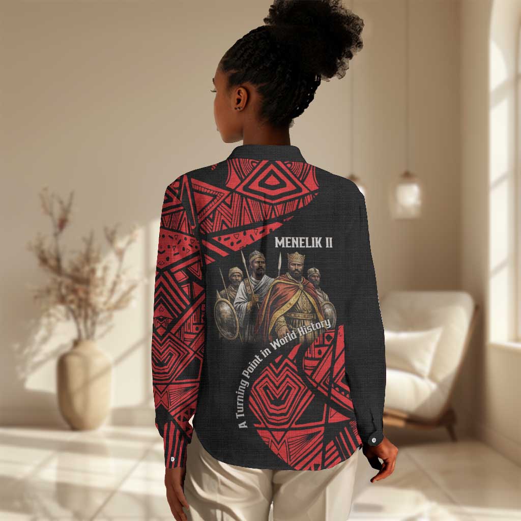 Menelik II Women Casual Shirt with Adwa Victory Map, Africa Defeated an Empire Text and Red Geometric - African Pride