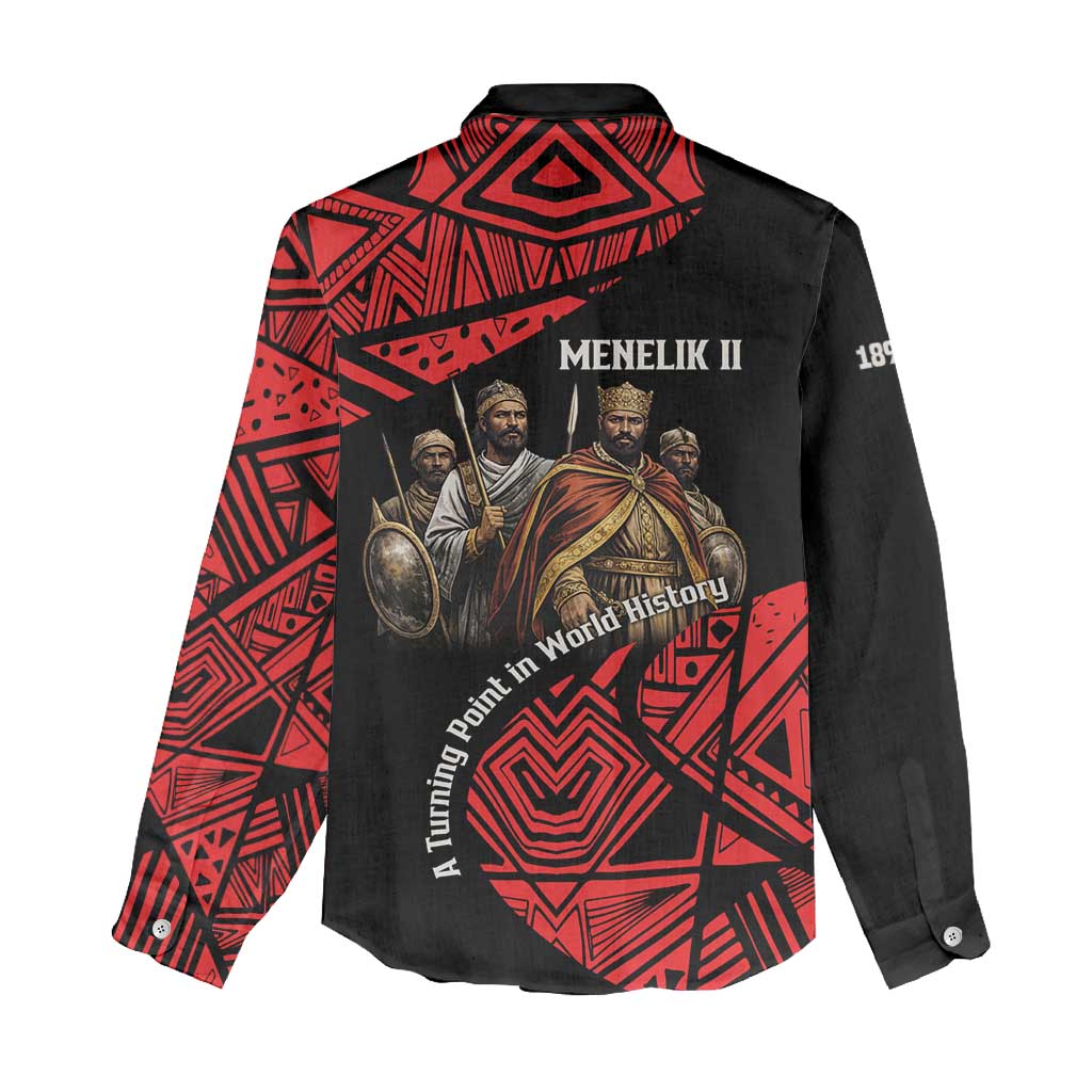 Menelik II Women Casual Shirt with Adwa Victory Map, Africa Defeated an Empire Text and Red Geometric - African Pride