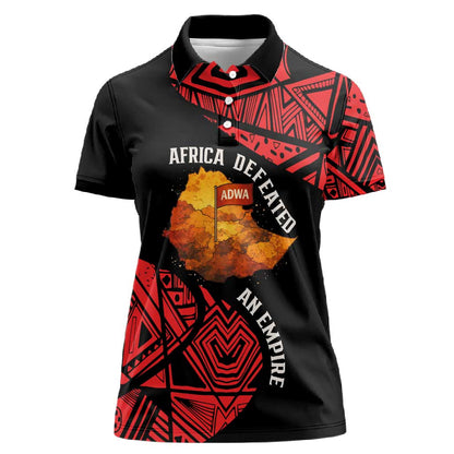 Menelik II Women Polo Shirt with Adwa Victory Map, Africa Defeated an Empire Text and Red Geometric - African Pride