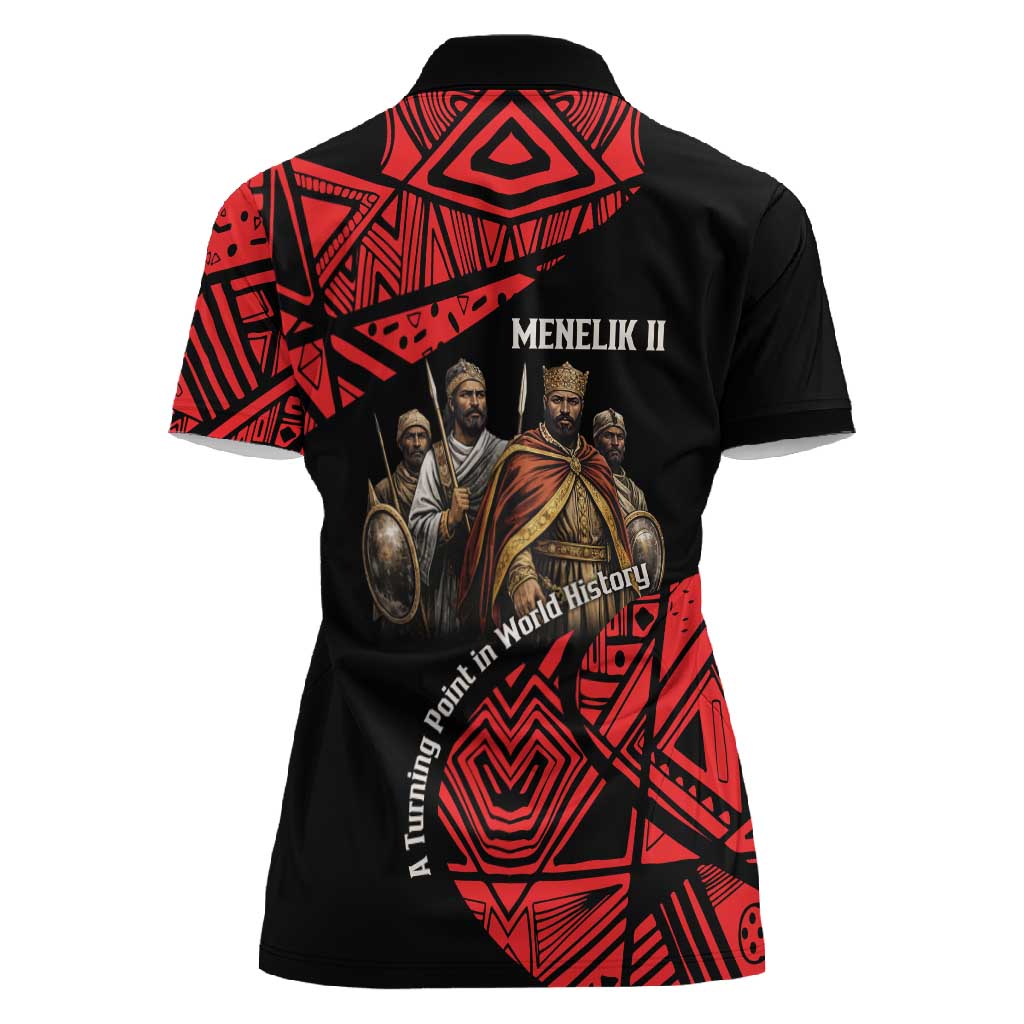 Menelik II Women Polo Shirt with Adwa Victory Map, Africa Defeated an Empire Text and Red Geometric - African Pride