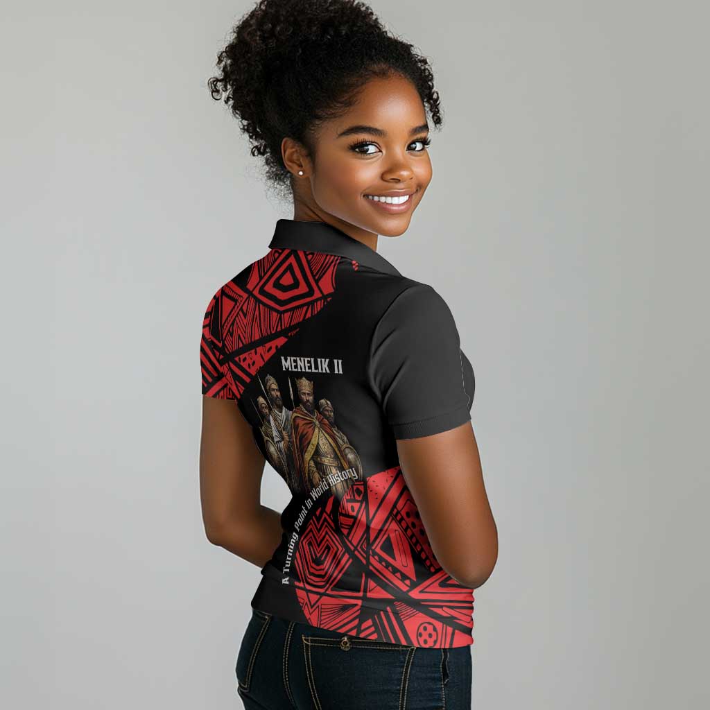 Menelik II Women Polo Shirt with Adwa Victory Map, Africa Defeated an Empire Text and Red Geometric - African Pride