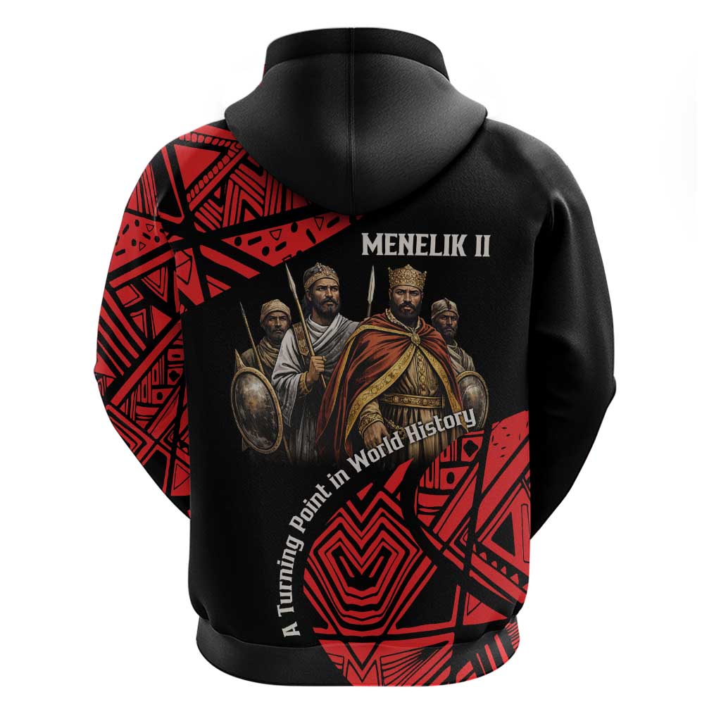 Menelik II Zip Hoodie with Adwa Victory Map, Africa Defeated an Empire Text and Red Geometric - African Pride