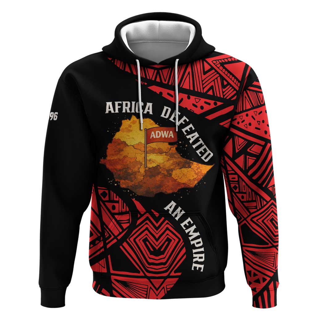 Menelik II Zip Hoodie with Adwa Victory Map, Africa Defeated an Empire Text and Red Geometric - African Pride