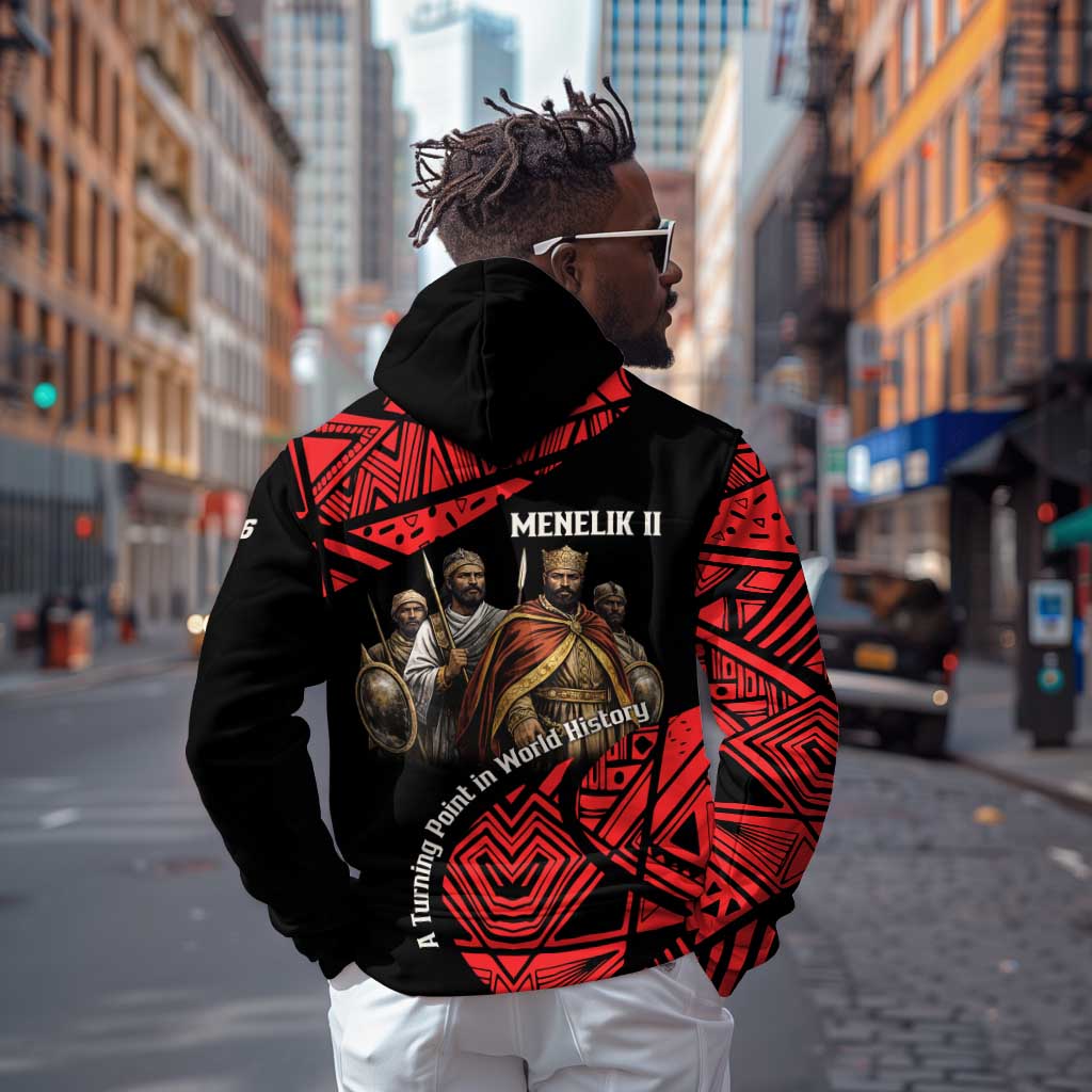 Menelik II Zip Hoodie with Adwa Victory Map, Africa Defeated an Empire Text and Red Geometric - African Pride