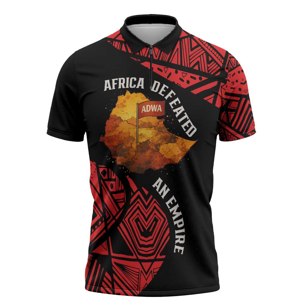 Menelik II Zipper Polo Shirt with Adwa Victory Map, Africa Defeated an Empire Text and Red Geometric - African Pride
