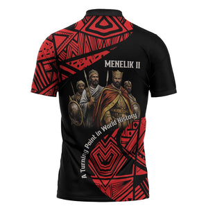 Menelik II Zipper Polo Shirt with Adwa Victory Map, Africa Defeated an Empire Text and Red Geometric - African Pride