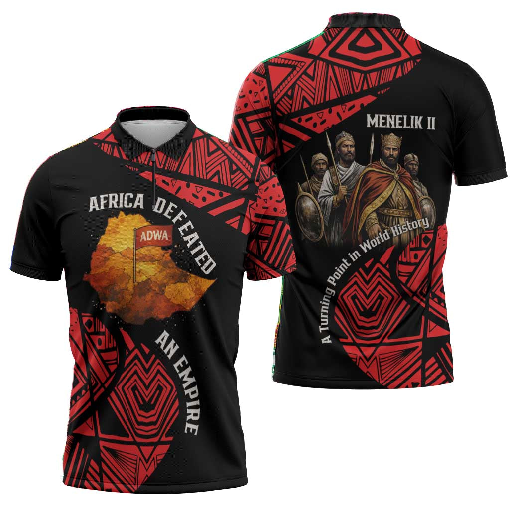 Menelik II Zipper Polo Shirt with Adwa Victory Map, Africa Defeated an Empire Text and Red Geometric - African Pride